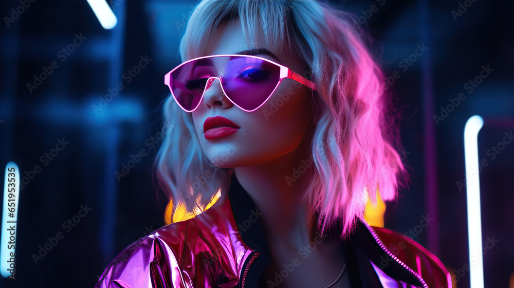 Futuristic portrait of woman in neon light on dark background.