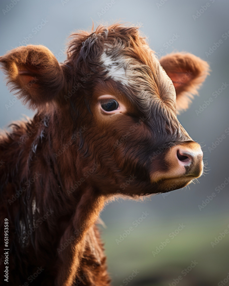 Small red calf with white fur on its forehead Small red calf with white fur on its forehead