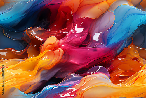 Multicolor neon fluid texture, colorfull splash paint, liquid. Abstract colored bright background with multicolor fluid paint explosion. Art, coloured wavy design