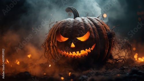 A close-up of a glowing Jack-o'-lantern pumpkin in the dark with wisps of rising smoke.