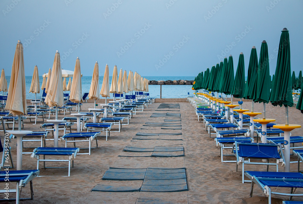 Umbrellas and chairs on one of the beaches in San Benedetto del Tronto in June.