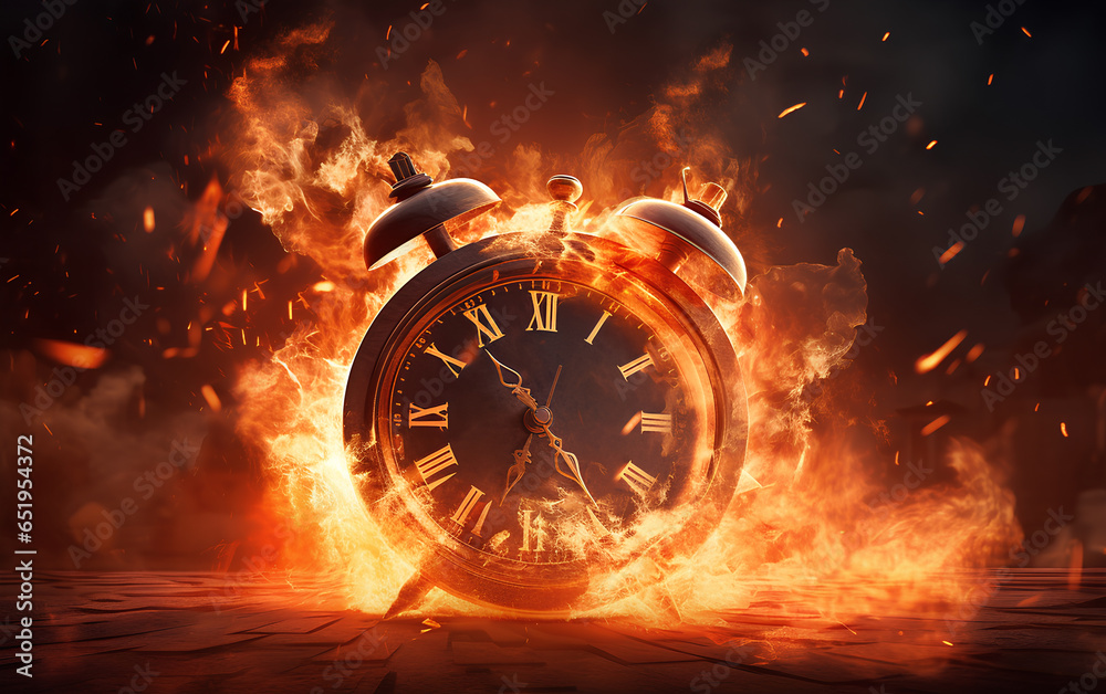 Timer clock on fire, Burning Time, Alarm clock on fire explosion, Time running out, countdown, deadline concept.  - obrazy, fototapety, plakaty 