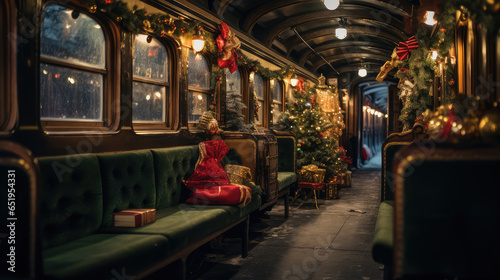 Christmas concept view from inside an old train carrage with Christmas tree and decorations. photo