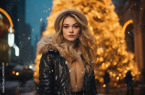 Woman next to the Christmas tree under a snowfall