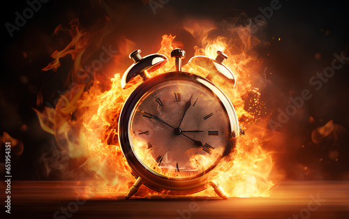 Timer clock on fire, Burning Time, Alarm clock on fire explosion, Time running out, countdown, deadline concept. 