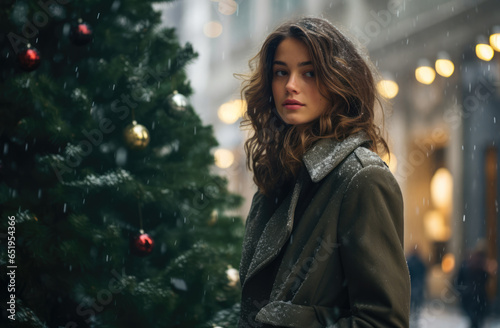 Woman next to the Christmas tree under a snowfall