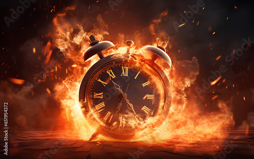 Timer clock on fire, Burning Time, Alarm clock on fire explosion, Time running out, countdown, deadline concept. 