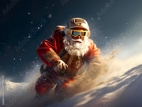santa claus wearing traditional red costume, goggles, helmet and ride on snowboard or ski. Santa riding down a mountain. senior pensioner male delivering presents. downhill. Christmas. Generative ai © Maxim Chuev