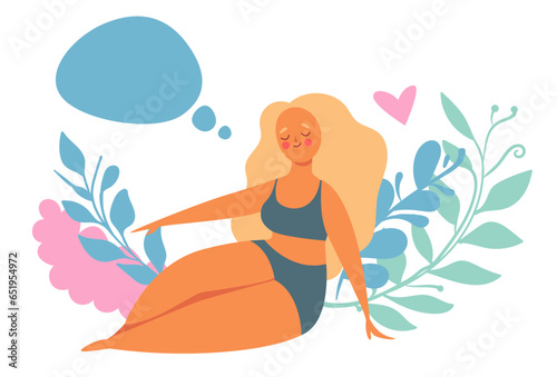 Woman mental dream wellbeing wish daydream imagination concept. Vector graphic design illustration