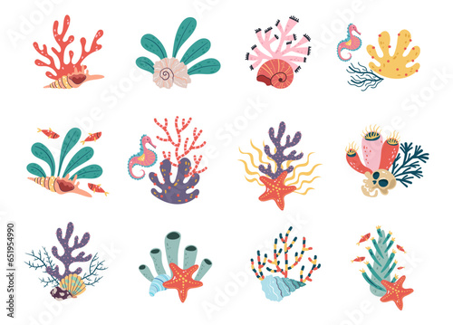 Sea plant alga seaweed coral underwater weed undersea reef isolated set. Vector graphic design illustration