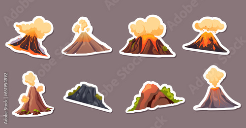 Volcano fire mountain sky nature stickers isolated set. Vector graphic design illustration
