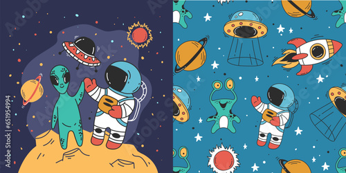 Space rocket star ship planet universe astronaut galaxy seamless pattern concept. Vector graphic design illustration
