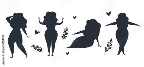 Women silhouette shadow body positive bodypositive isolated set. Vector graphic design illustration
