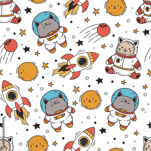 Space cute cat pet animal astronaut galaxy seamless pattern concept. Vector graphic design illustration