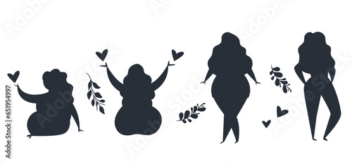 Women silhouette shadow body positive bodypositive isolated set. Vector graphic design illustration
