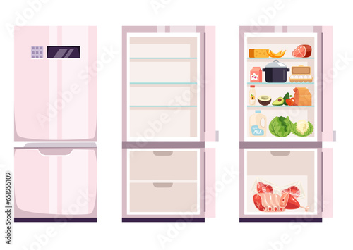 Empty full of food open close fridge refrigerator isolated set. Vector graphic design illustration