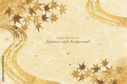 筆で描いた金の流れるかわと楓の和風背景