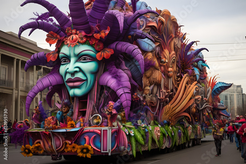 colorful and lively parade float surrounded by a crowd of spectators, although a portion of the image is obscured. The atmosphere appears festive and lively photo