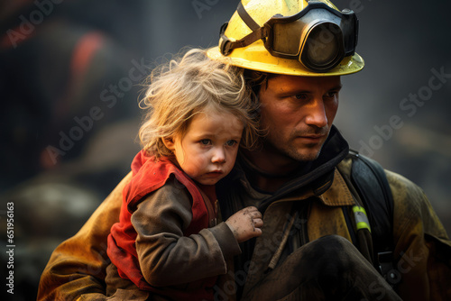 A firefighter carrying child to safety during a rescue mission