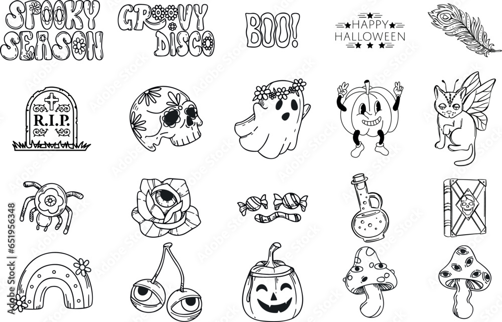 Happy Halloween day 70s groovy vector. Collection of ghost characters, doodle smile face, skull, pumpkin, bat, moon, bone, broom, grave. Cute retro groovy hippie design for decorative, sticker.