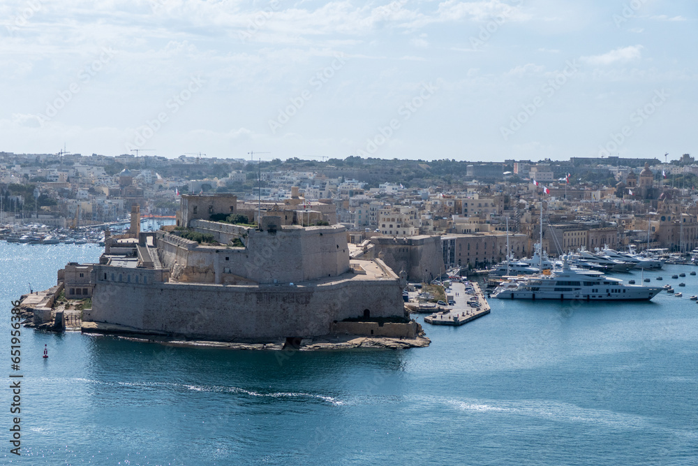 Valletta, Malta, May 1, 2023. Panoramic view of Fort St. Angelo from Upper Barrakka Gardens Valletta, Malta, May 1, 2023. Panoramic view of Fort St. Angelo from Upper Barrakka Gardens