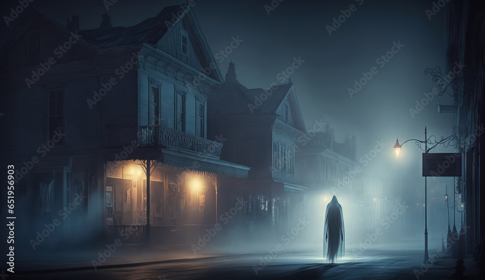 Creepy ghostly figure walking along the street in a desolate haunted village. Ghost town in mysterious hazy light. Paranormal activity. - obrazy, fototapety, plakaty 