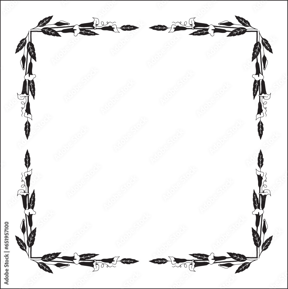 Obraz premium Black and white vegetal ornamental frame with kala flowers, decorative border, corners. 