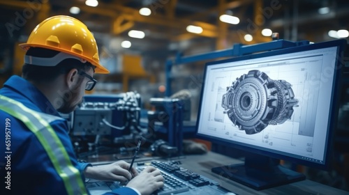 Industrial engineer works on the personal computer designing turbine or engine in 3D Using CAD Program, Inside the Heavy Industry Factory