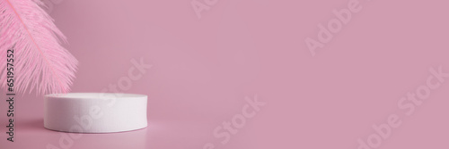 Feather and podium cosmetics mockup on pink background banner,lightness and sensitivity of spa and skincare