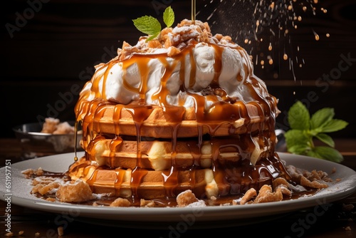 Photo of delicious stack of waffles topped with caramel syrup and whipped cream created with Generative AI technology