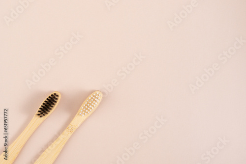 Eco-friendly toothbrushes  environmental protection  eco wooden dental brushes copy space