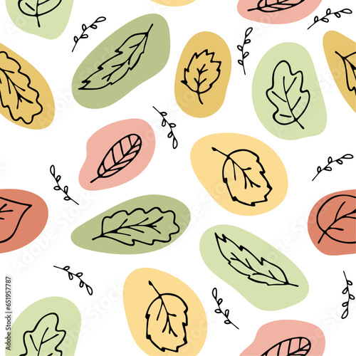 Autumn illustration with small cute hand drawn by pencil leaves scattered carelessly on white paper background