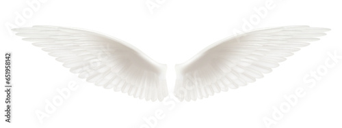 White realistic wings. Pair of white isolated angel style wings with 3D feathers, bird wings design - vector