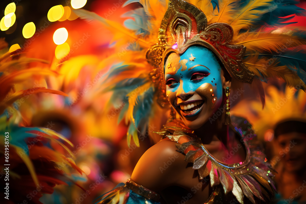 Colombian festival, women wearing costumes with feather crowns and scribbles on their beautiful faces, carnival festivities Magical and Vibrant Photos