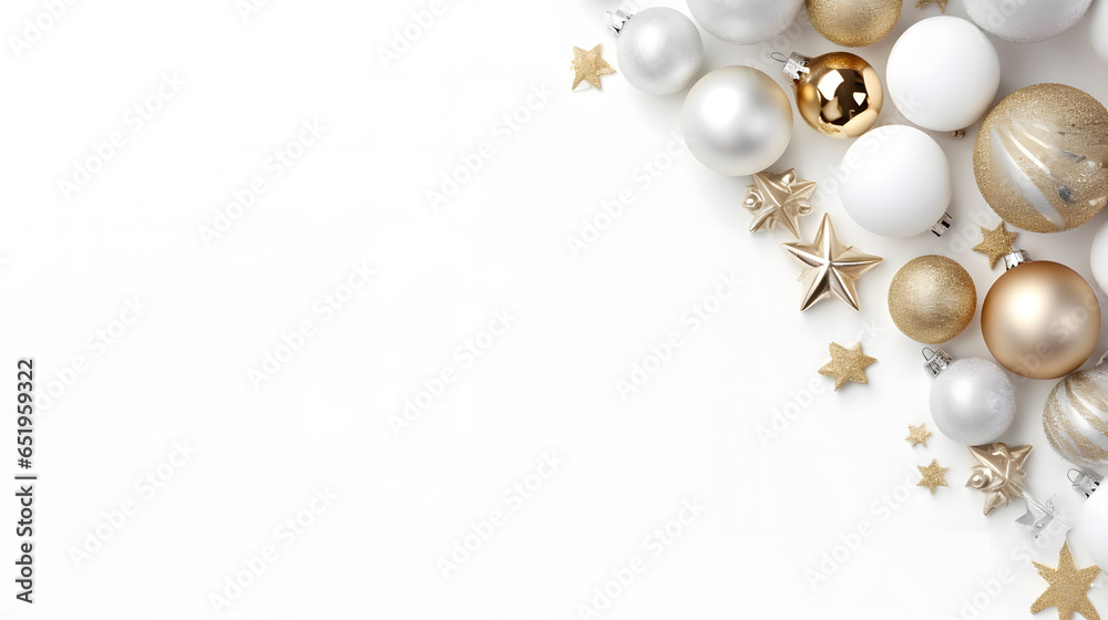 Des décorations de noël sur fond blanc. Dans ces décorations, il y a des boules et des étoiles couleur or pour le sapin. 