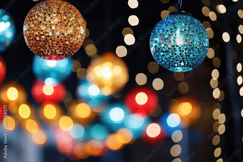 Close up view of Christmas ball decorated on night street light, hang on Christmas tree, xmas ornaments and lights, Christmas holidays background. Copy space.