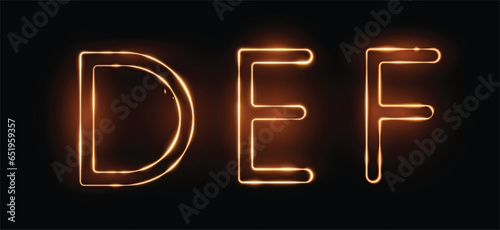 Three letters DEF drawn with a fiery line with sparks on a dark background.  Very realistic illustration.
