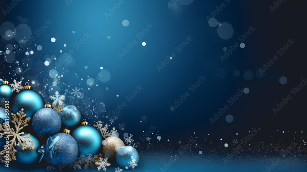 Un illustration montrant les décorations de noël avec des boules et des flocons de neige en bas à gauche sur un fond bleu. Un illustration montrant les décorations de noël avec des boules et des flocons de neige en bas à gauche sur un fond bleu.