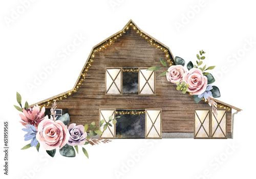 wooden house with flowers watercolor illustration, wedding barn logo