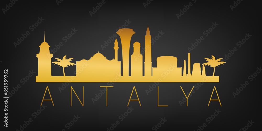 Fototapeta premium Antalya, Türkiye Gold Skyline City Silhouette Vector. Golden Design Luxury Style Icon Symbols. Travel and Tourism Famous Buildings.