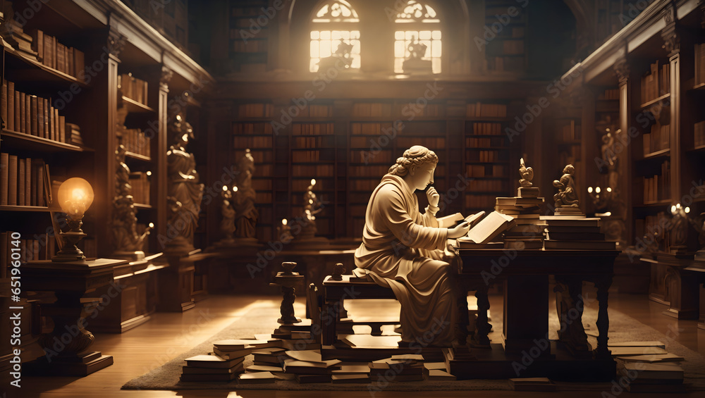 Philosopher reading books in an ancient library - obrazy, fototapety, plakaty 