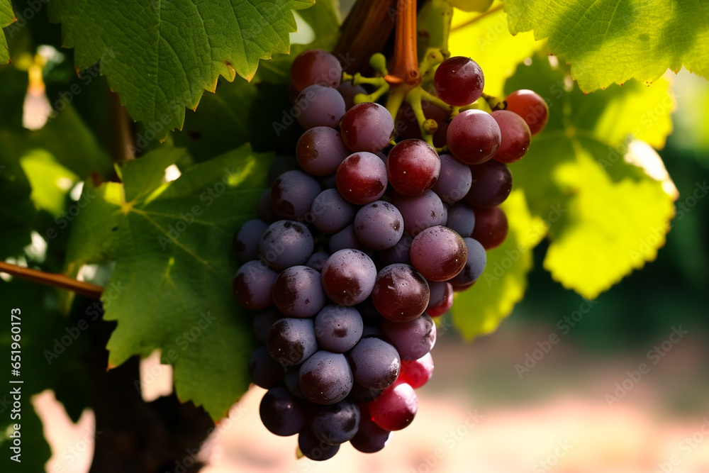 Close up of bunches of ripe black wine grapes at vinneyard. AI Generative