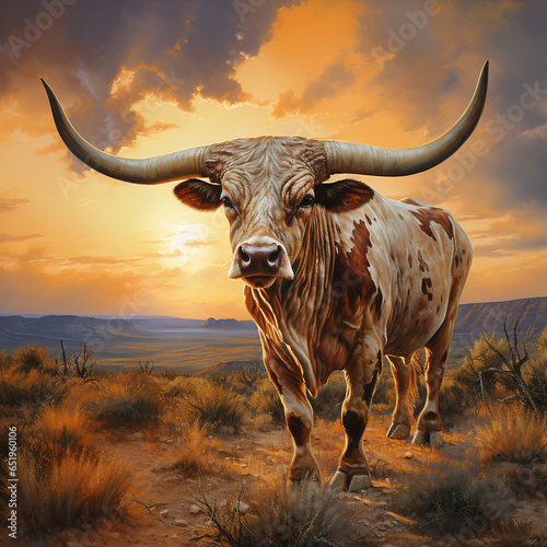 Texas longhorn steer at sunset abstract painting