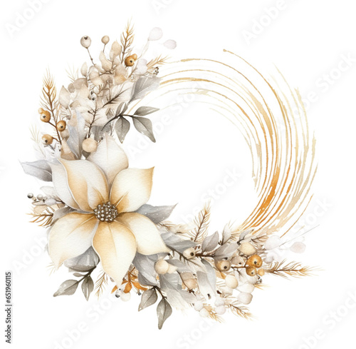 Watercolor illustration of Christmas light wreath, beige flowers. Generative AI, png image.