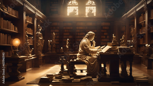 Philosopher reading books in an ancient library