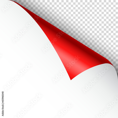 Red paper curl. Curled page corner with shadow. Blank sheet of paper. Colorful shiny foil. Design element for advertising and promotion. Vector illustration.