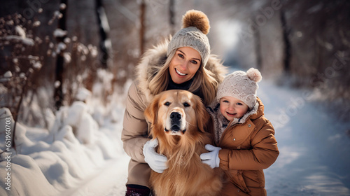 Happiness mother, and daughter in family enjoy winter and walk with their dog outdoors snow