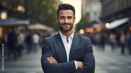 Confident young businessman on the street, arms crossed, smiling at the camera. Professional success
 photo