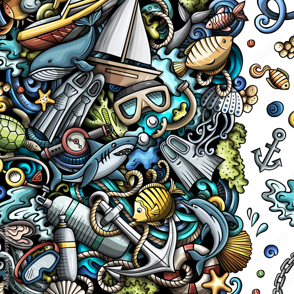 Diving detailed cartoon border illustration