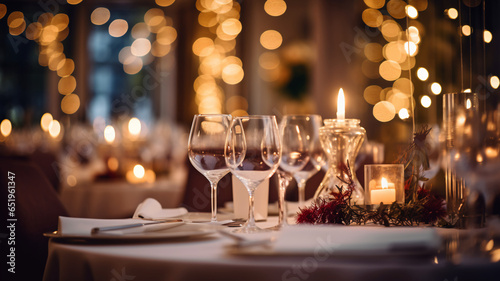 Beautiful wedding table serving with sparkling wine glasses, garland bokeh on the background. Restaurant bar romantic evening dinner food estate. photo